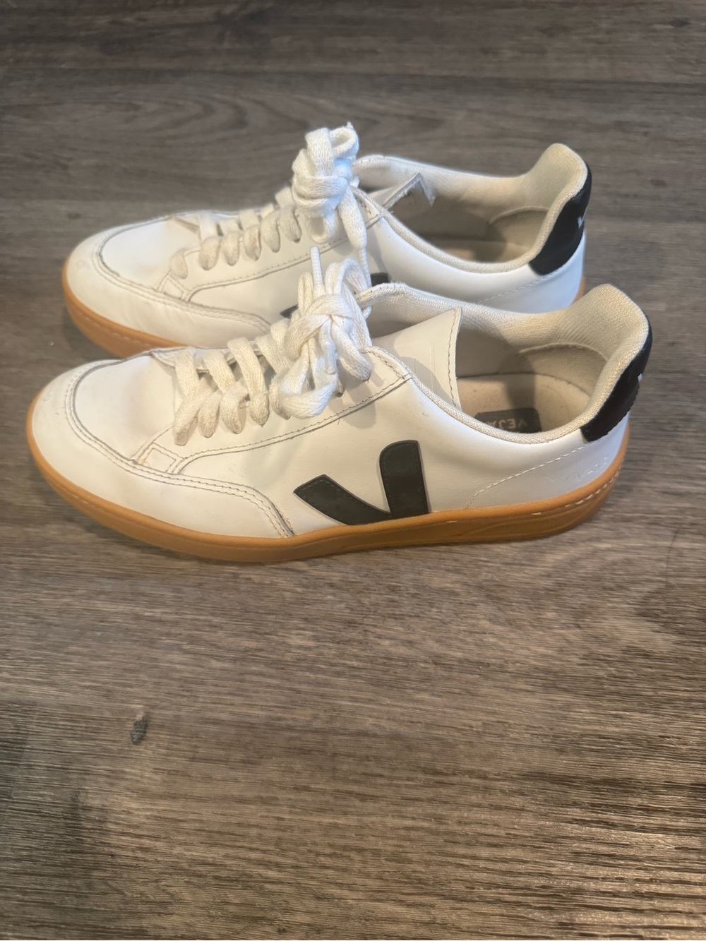 Veja White Leather Sneakers with Black V and Gum Sole